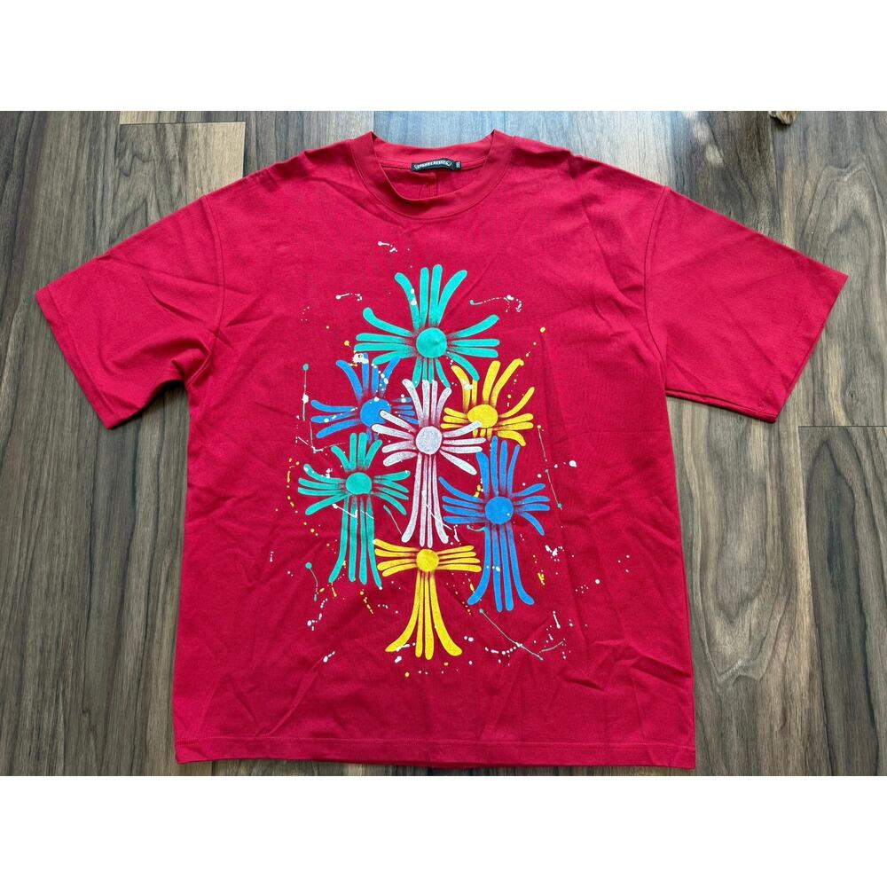 New Chrome Hearts Red Graphic T Shirt Abstract Floral Paint Splatter Tee 3XL